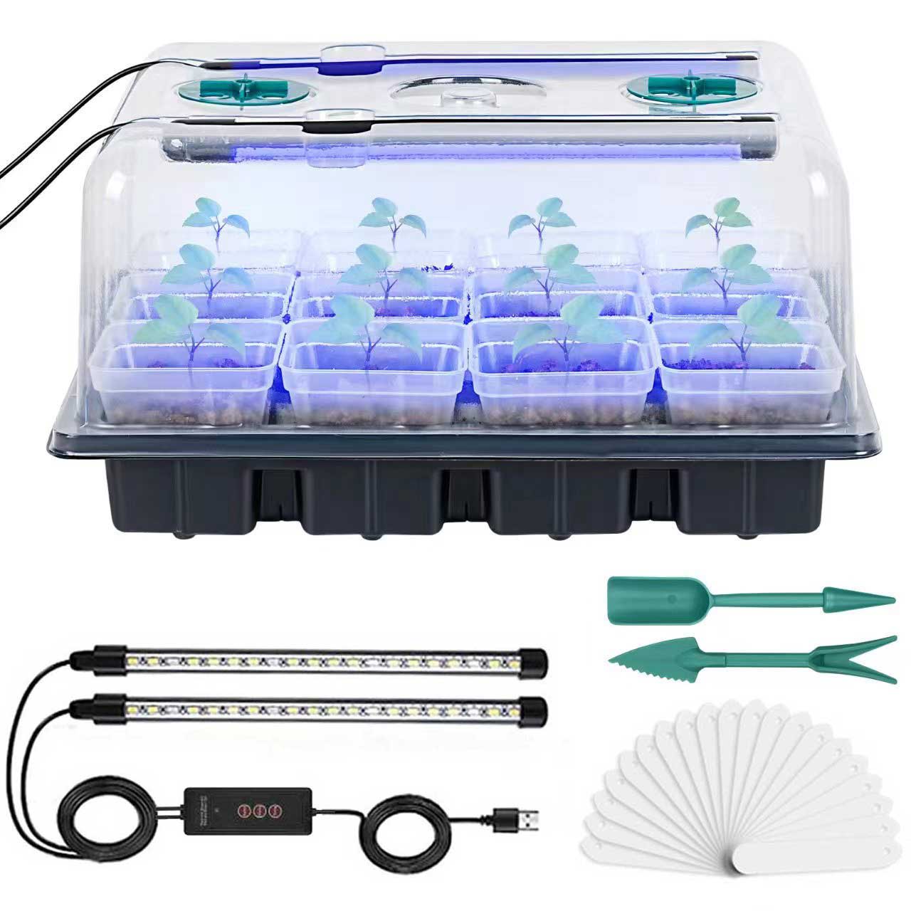 3 inch Square Nursery Pots  Seed Starter Trays 12 Pcs Small Planter Nursery Propagation 1 Sets - White&Blue Fullspectrum Growth Light