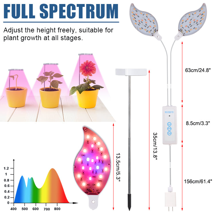 20W two heads LED plant growth light 24h timing cycle telescopic rod leaf type plant fill light
