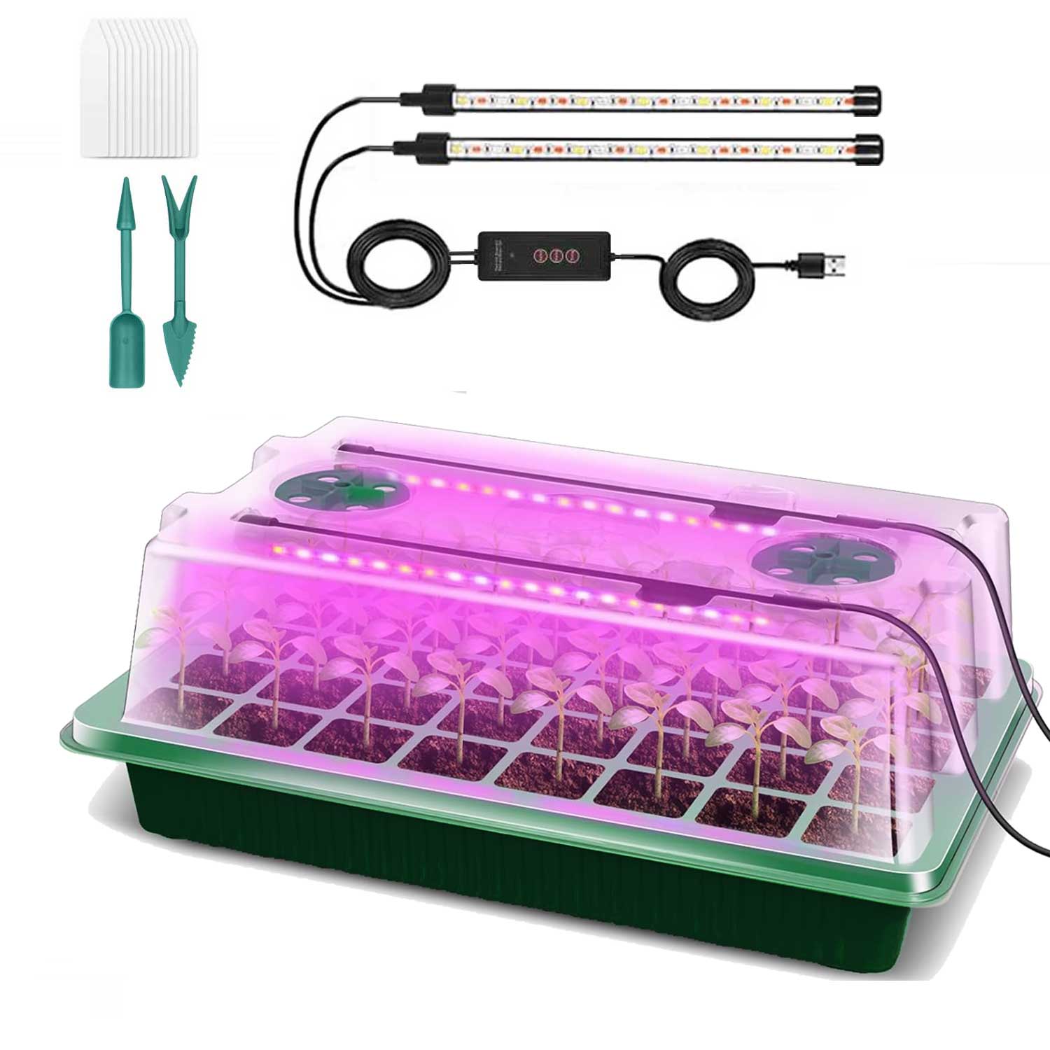 1 Packs Seed Starter Tray with Grow Light High Dome Seed Germination Kit 40 Cells with 2 LED Grow Lights Seedling Starter Kit with Smart Timer Red&lue and Yellow Fullspectrum Growth Light