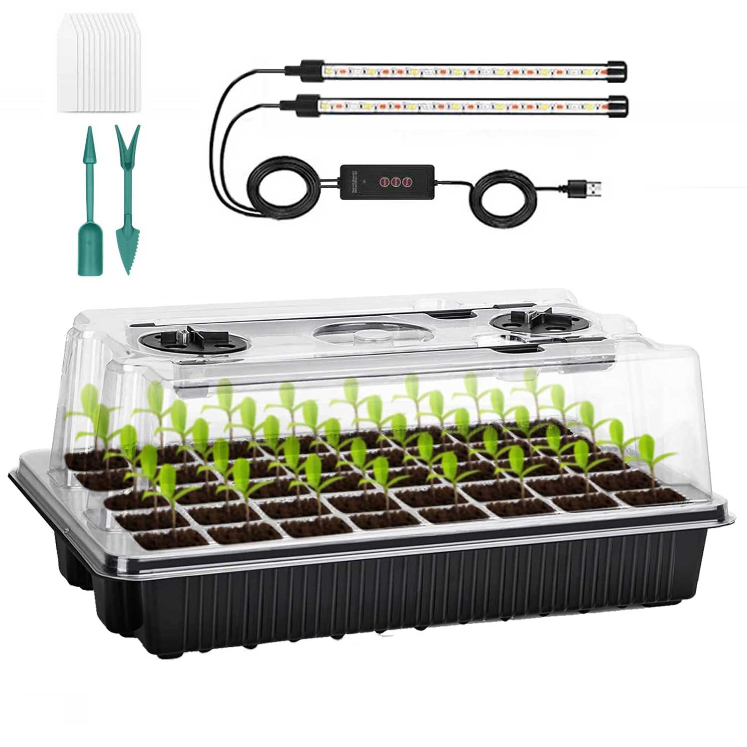 1 Packs Seed Starter Tray with Grow Light High Dome Seed Germination Kit 40 Cells with 2 LED Grow Lights Seedling Starter Kit with Smart Timer Red&lue and Yellow Fullspectrum Growth Light