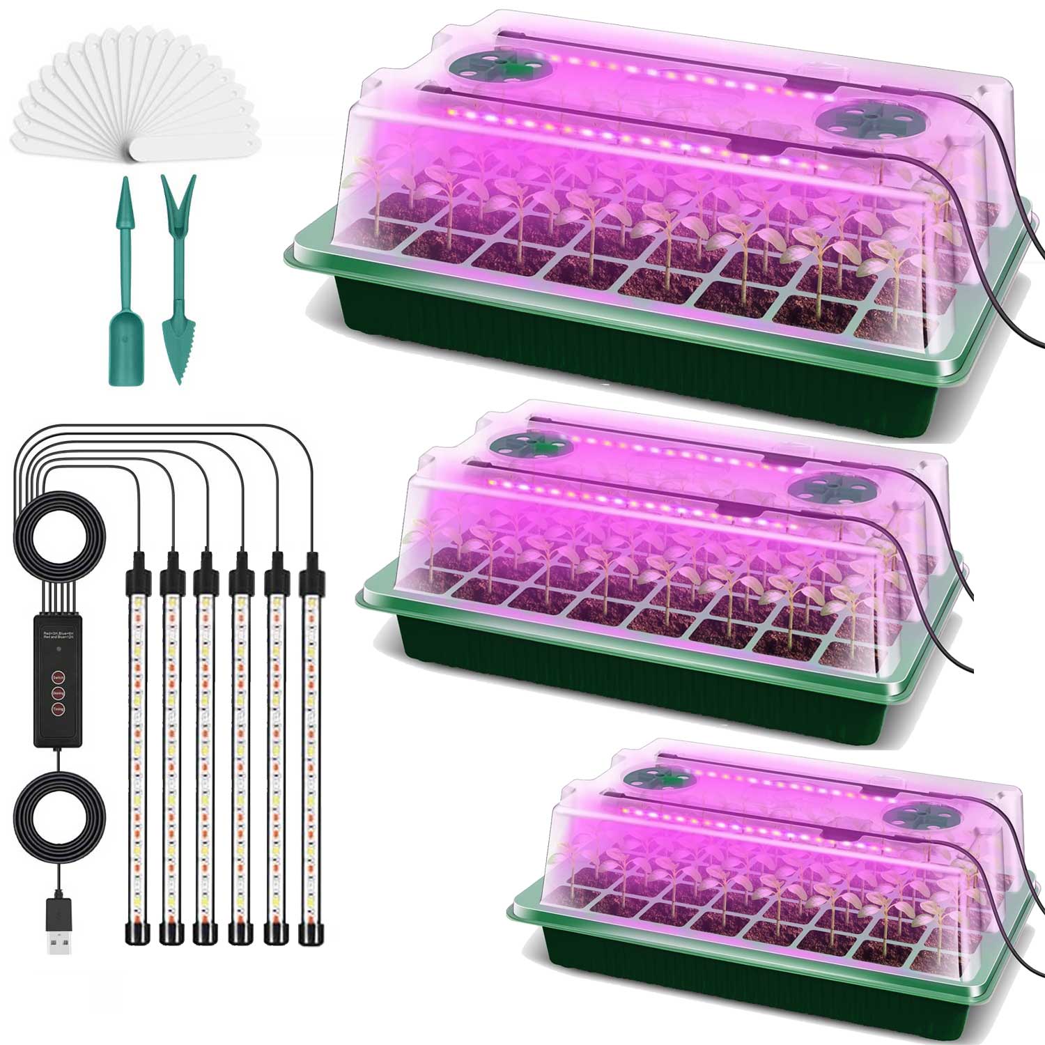 3 Packs Seed Starter Tray with Grow Light High Dome Seed Germination Kit 120 Cells with 6 LED Grow Lights Seedling Starter Kit with Smart Timer Red&Blue and Yellow Fullspectrum Growth Light