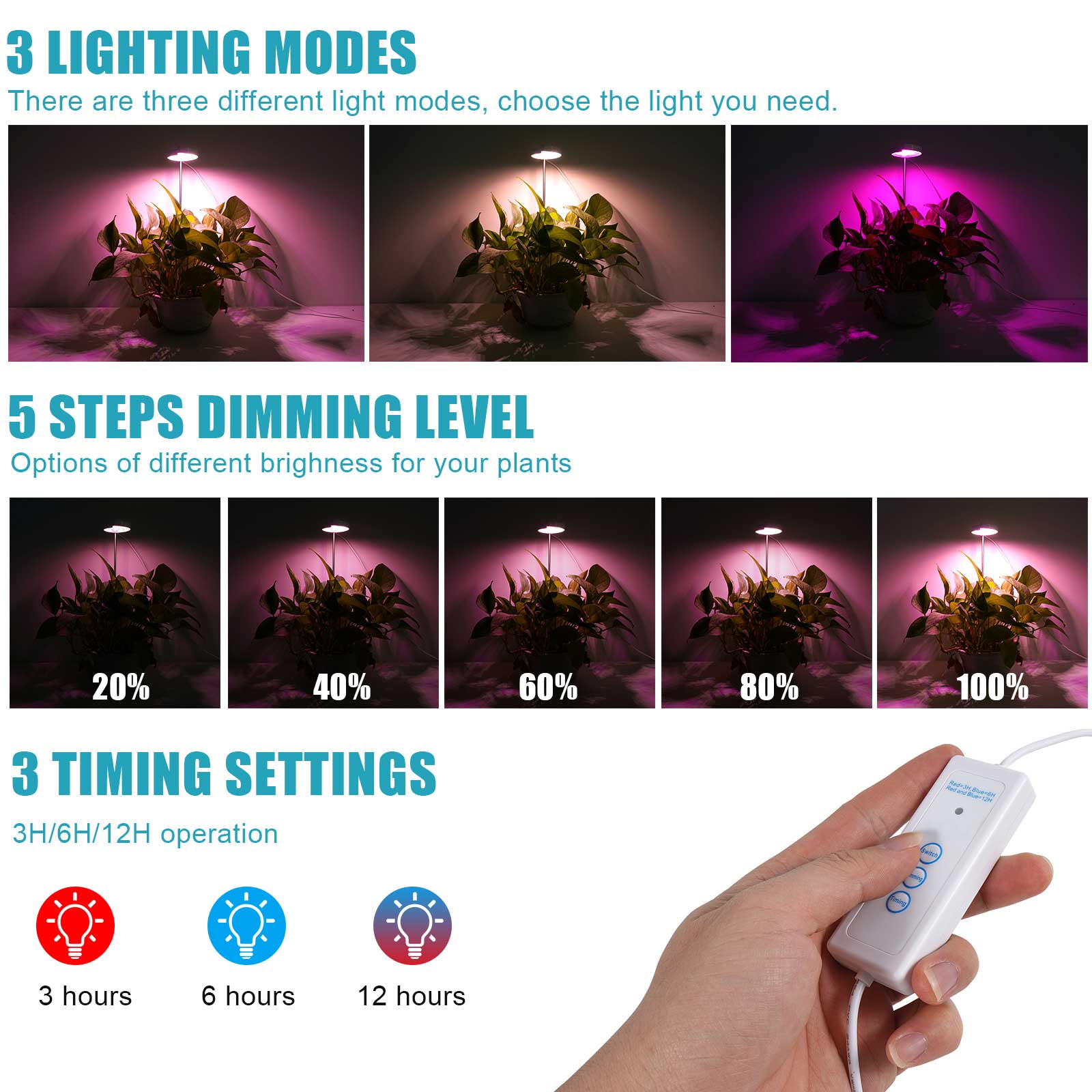 10W single head LED plant growth light 24h timing cycle telescopic rod leaf type plant fill light
