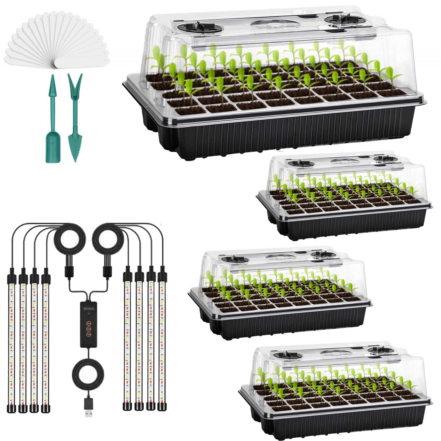 4 Packs 160 Cells Seed Starter Tray with Grow Light High Dome Seed Germination Kit  with 8 LED Grow Lights Seedling Starter Kit with Smart Timer Red&Blue and Yellow Fullspectrum Growth Light