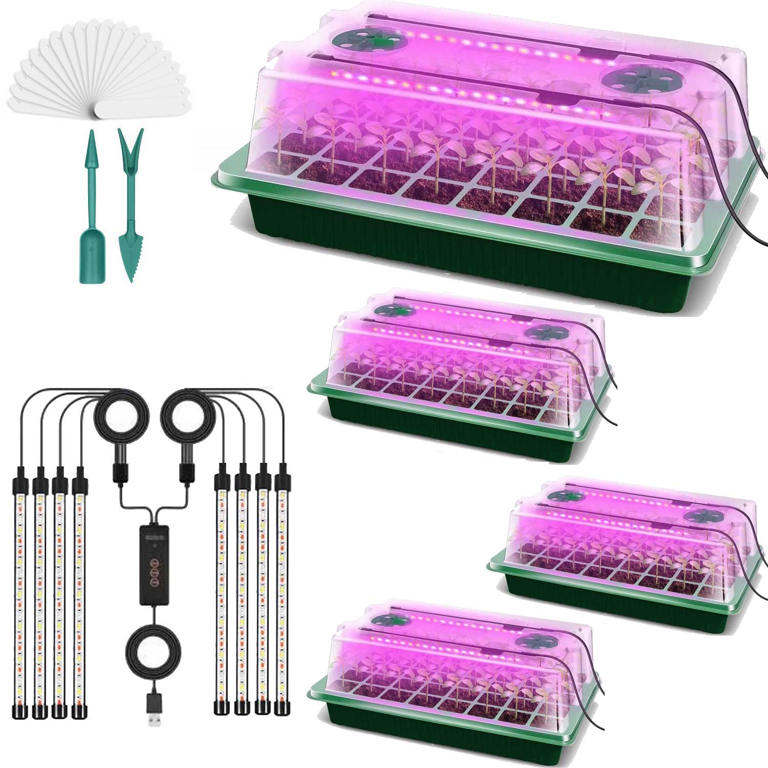 4 Packs 160 Cells Seed Starter Tray with Grow Light High Dome Seed Germination Kit  with 8 LED Grow Lights Seedling Starter Kit with Smart Timer Red&Blue and Yellow Fullspectrum Growth Light