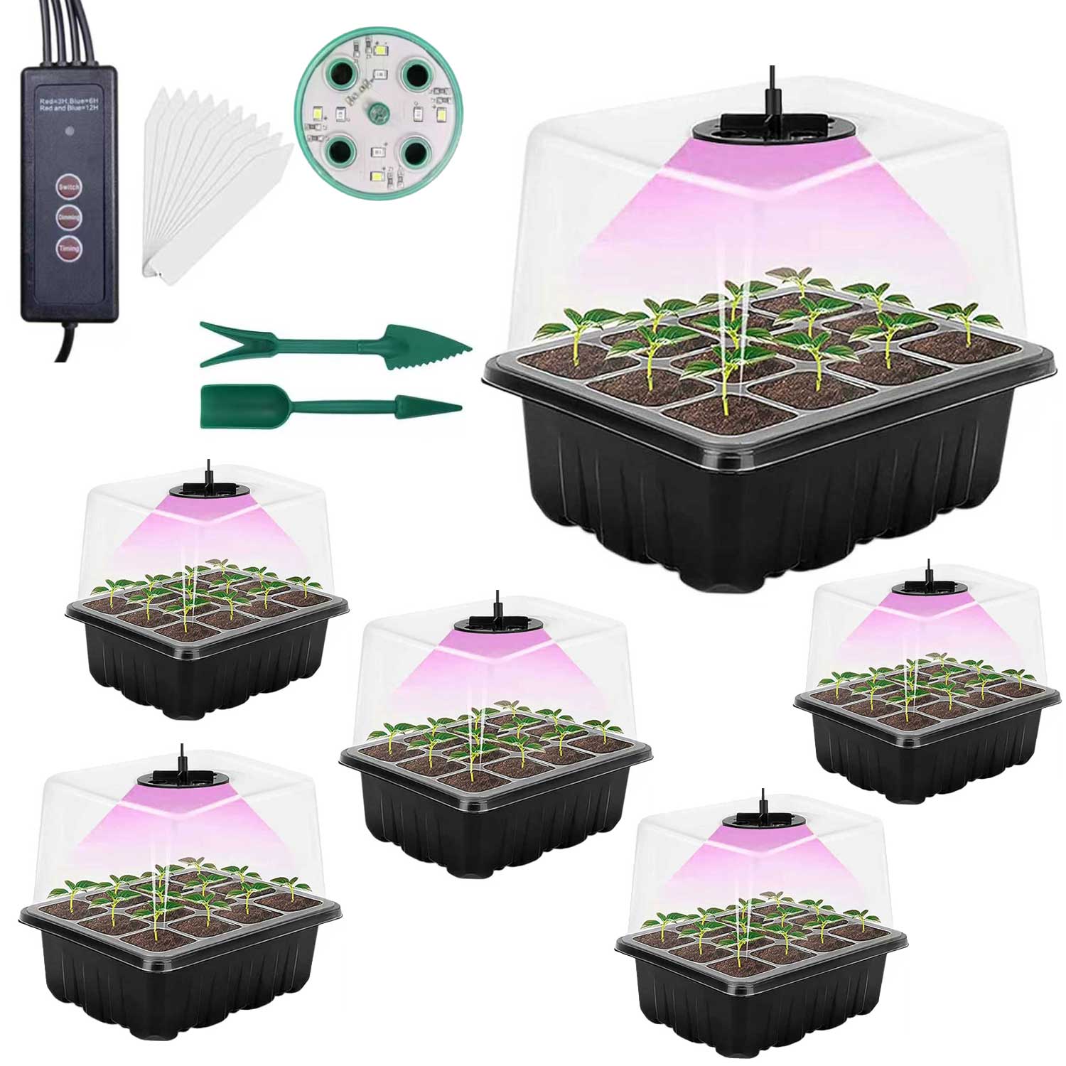 6-Pack 72 Cells Seed Starter Tray with Light Seed Starter Kit with Grow LightSeedling Starter Trays with Vented Humidity Dome and Base  Indoor Gardening Plant Germination Kit Round Light