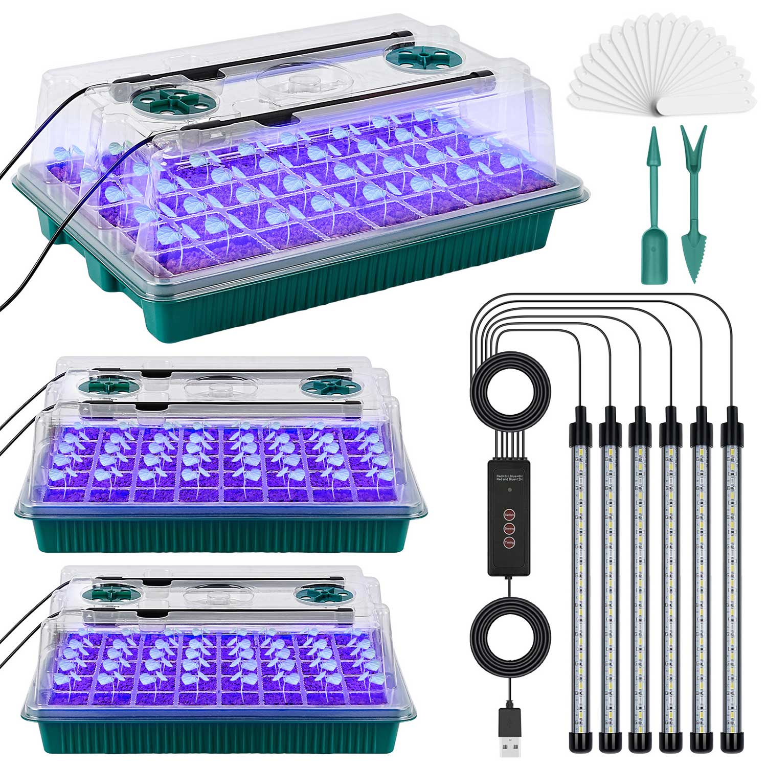 3 Packs Seed Starter Tray with Grow Light High Dome Seed Germination Kit 120 Cells with 6 LED Grow Lights Seedling Starter Kit with Smart Timer White&Blue Fullspectrum Growth Light