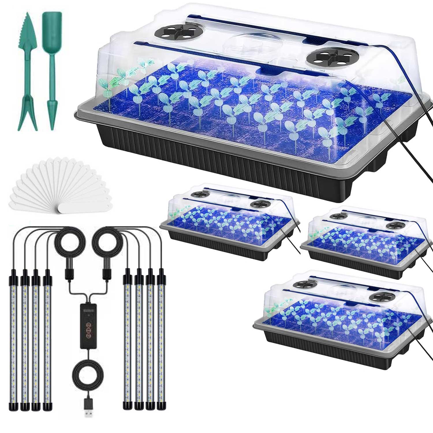 4 Packs 160 Cells Seed Starter Tray with Grow Light High Dome Seed Germination Kit  with 8 LED Grow Lights Seedling Starter Kit with Smart Timer White&Blue Fullspectrum Growth Light