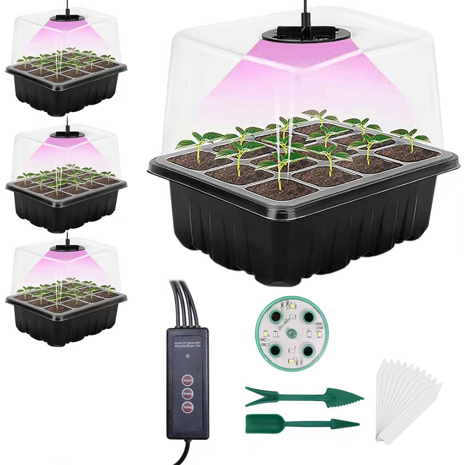 4-Pack 48 Cells Seed Starter Tray with Light Seed Starter Kit with Grow LightSeedling Starter Trays with Vented Humidity Dome and Base  Indoor Gardening Plant Germination Kit Round Light
