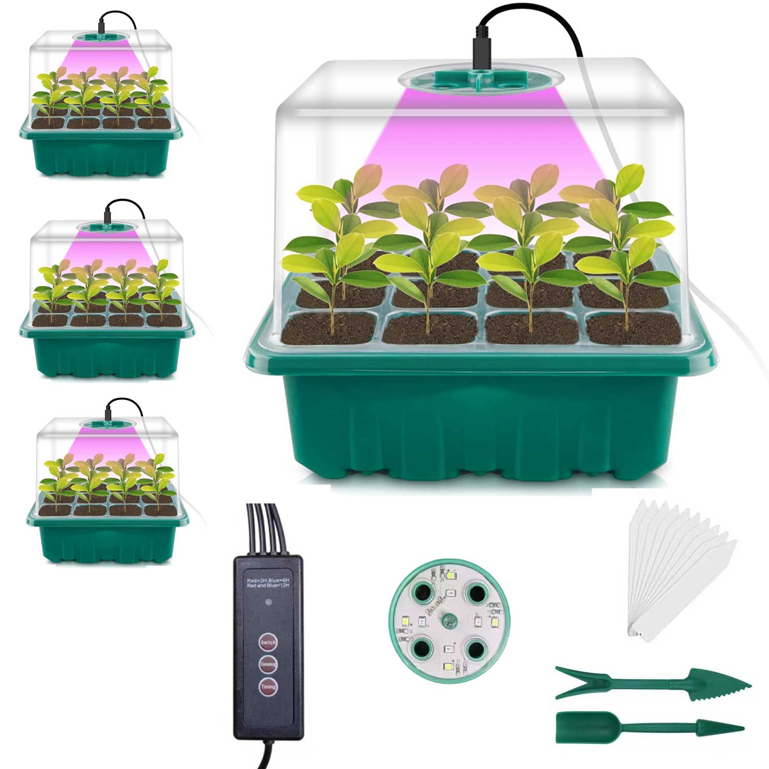 4-Pack 48 Cells Seed Starter Tray with Light Seed Starter Kit with Grow LightSeedling Starter Trays with Vented Humidity Dome and Base  Indoor Gardening Plant Germination Kit Round Light