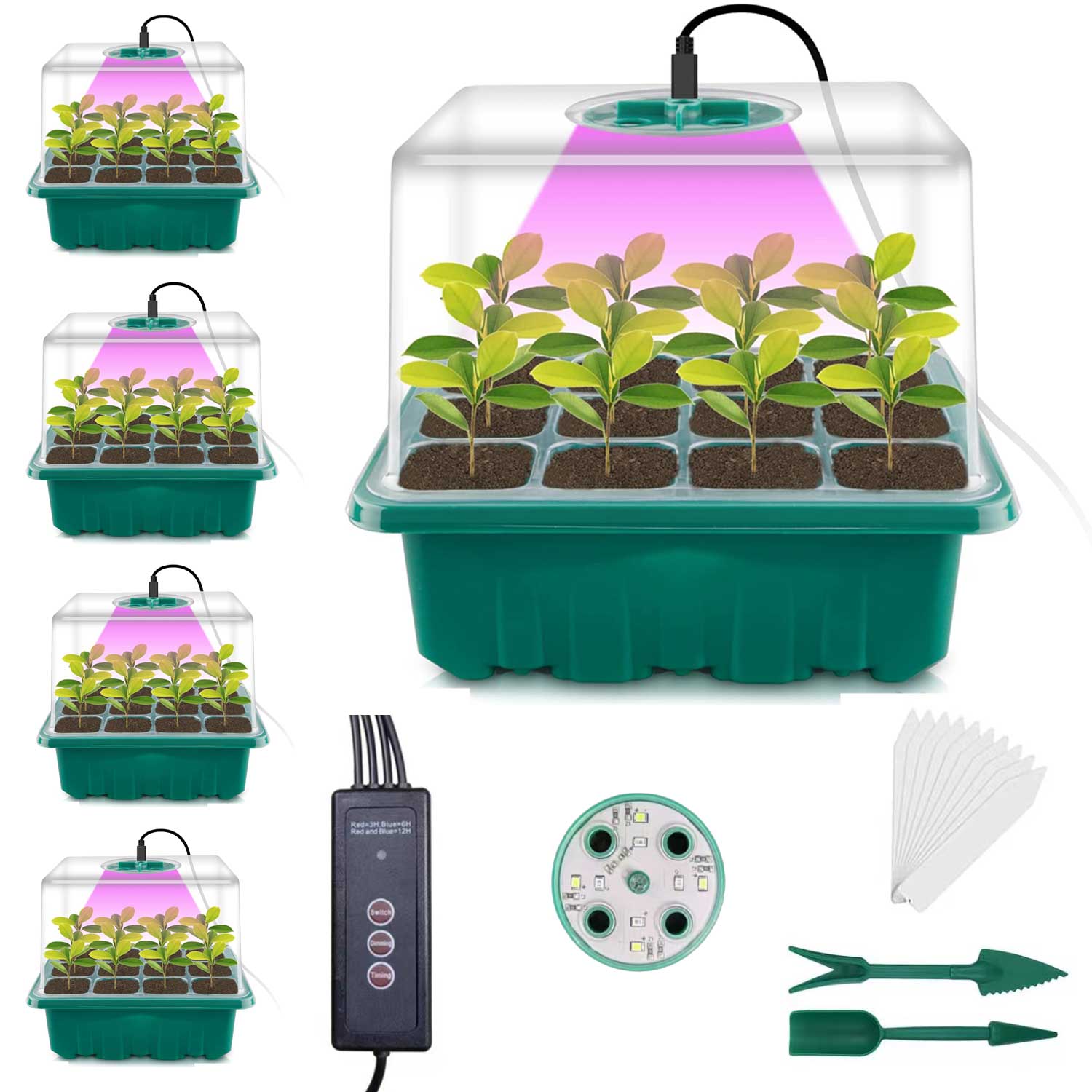 5-Pack 60 Cells Seed Starter Tray with Light Seed Starter Kit with Grow LightSeedling Starter Trays with Vented Humidity Dome and Base  Indoor Gardening Plant Germination Kit Round Light