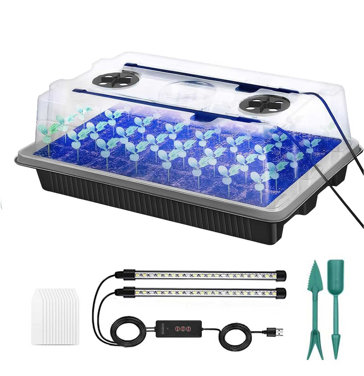 1 Packs Seed Starter Tray with Grow Light High Dome Seed Germination Kit 40 Cells with 2 LED Grow Lights Seedling Starter Kit with Smart Timer White&Blue Fullspectrum Growth Light