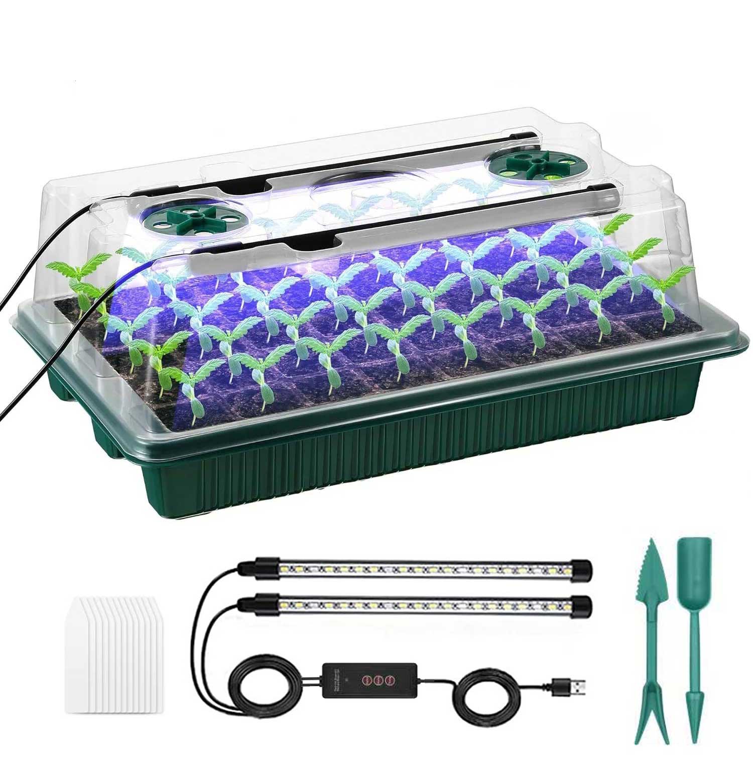 1 Packs Seed Starter Tray with Grow Light High Dome Seed Germination Kit 40 Cells with 2 LED Grow Lights Seedling Starter Kit with Smart Timer White&Blue Fullspectrum Growth Light