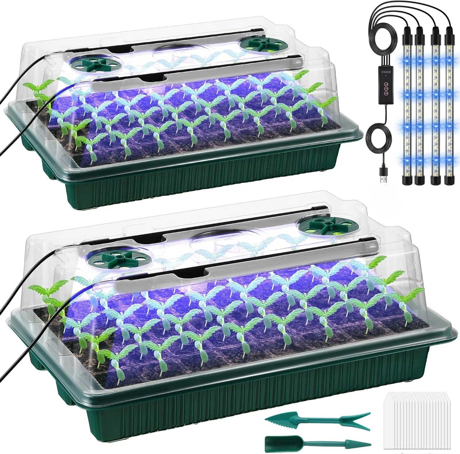 2 Packs Seed Starter Tray with Grow Light High Dome Seed Germination Kit 80 Cells with 4 LED Grow Lights Seedling Starter Kit with Smart Timer White&Blue Fullspectrum Growth Light