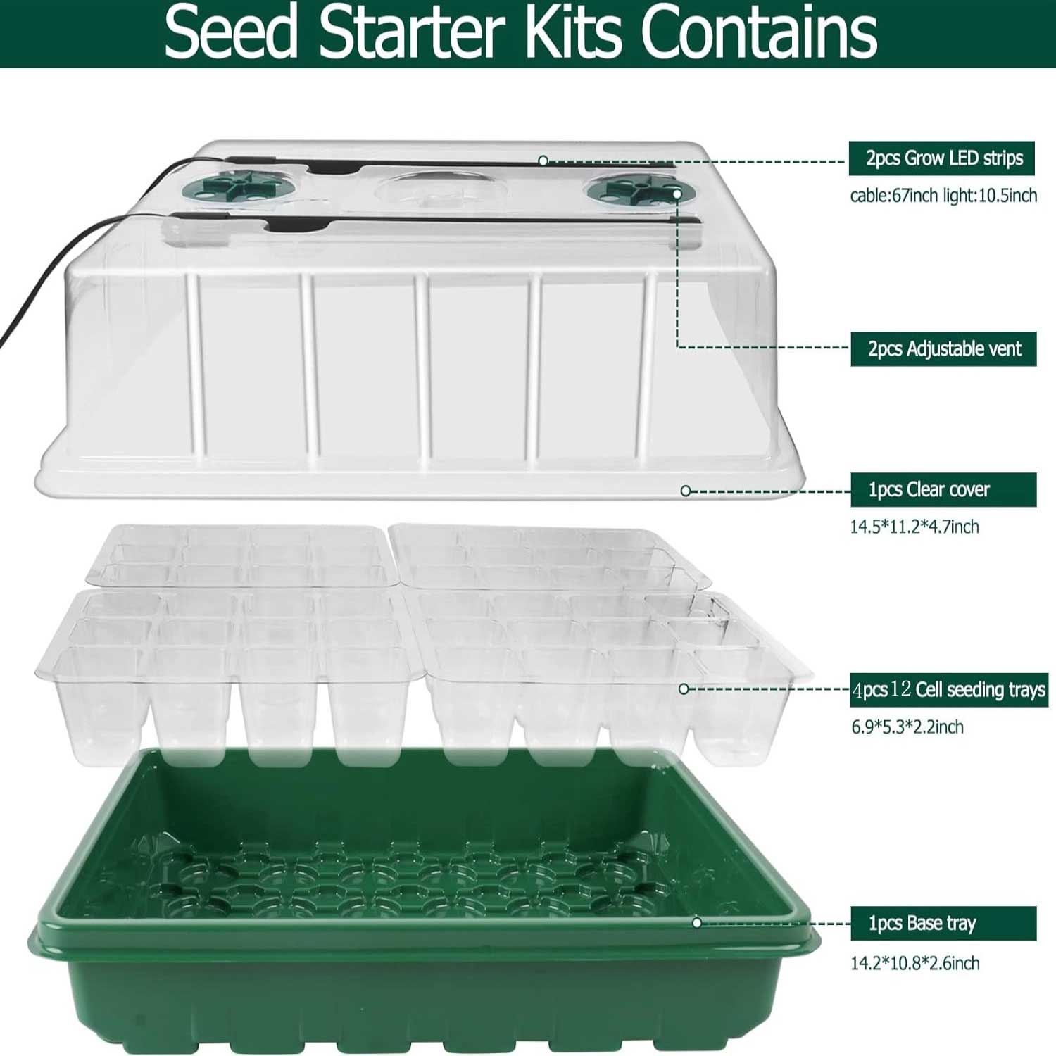 1 Packs Seed Starter Tray with Grow Light High Dome Seed Germination Kit 48 Cells with 2 LED Grow Lights Seedling Starter Kit with Smart Timer White&Blue Fullspectrum Growth Light